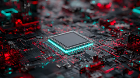 A sleek, intricate circuit board featuring a cutting-edge chip illuminated by vibrant, glowing...