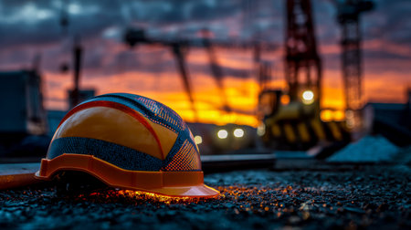 A safety helmet lies on a surface as a vibrant sunset casts warm hues behind towering crane...