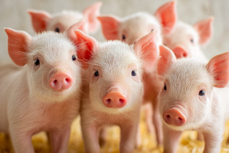 Playful piglets gather in soft straw, their tiny snouts and bright eyes exuding innocence amidst a rustic farm backdrop.の写真素材