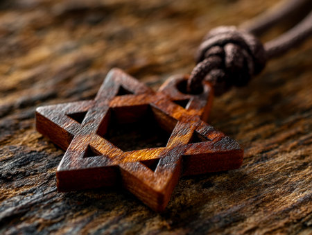A finely crafted wooden necklace featuring a complex geometric pattern rests against a weathered,...