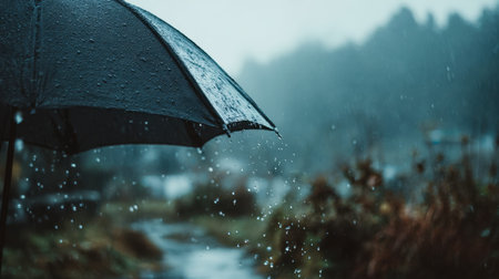 Gentle droplets cling to a dark canopy amidst a soft, foggy landscape, evoking a tranquil, moody...