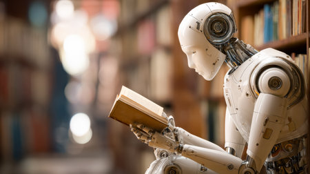 A sleek, futuristic humanoid figure engrossed in a book amidst towering shelves, blending technology with wisdom in a modern library setting.の写真素材