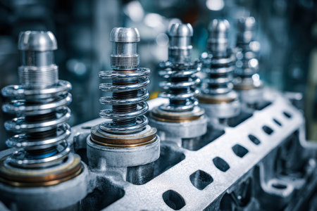 Intricate metal coils and gear parts gleam under workshop lighting, revealing precision craftsmanship essential for high-performance engine tuning and repair.の写真素材