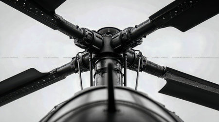 Close-up of a helicopter?s rotor assembly showcasing five blades, intricate mechanical joints, and...