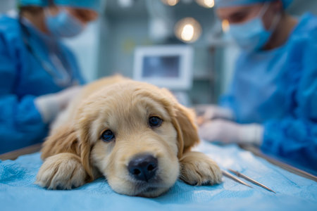 A anxious golden retriever puppy rests on a clean, sterile table as veterinary professionals...