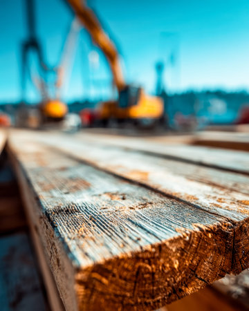 A detailed view of a weathered wooden beam amidst construction gear, creating a textured scene of...