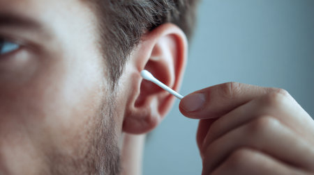 A peaceful indoor scene of a man carefully using a cotton swab to maintain ear hygiene, emphasizing personal well-being and self-care in a serene environment.のeditorial素材