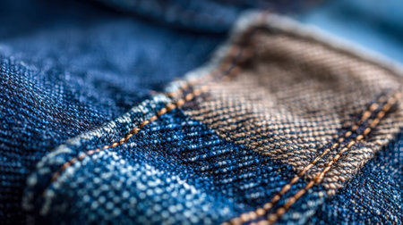 A macro shot reveals the intricate weave and durable stitches of indigo denim, highlighting its...