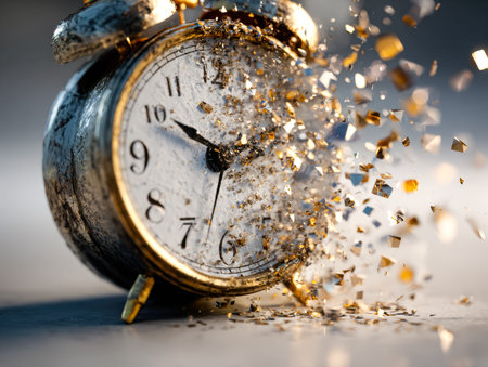 An antique alarm clock explodes into a burst of shimmering sparks and fragmented pieces, symbolizing...