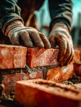 A focused craftsman carefully stacks clay blocks, mortar in hand, as sunlight highlights his skilled...