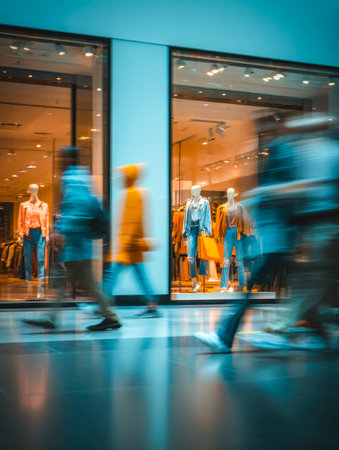 Hustling pedestrians blur past a storefront, where sleek mannequins showcase the latest styles,...