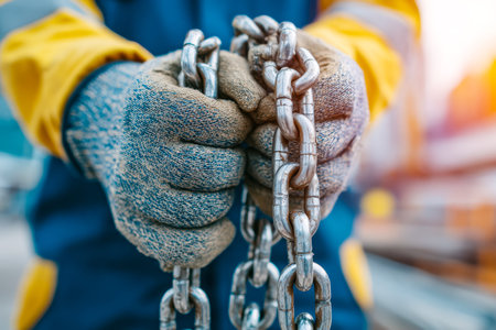 A determined worker's hands tightly grasp thick steel chains, embodying endurance and unwavering...