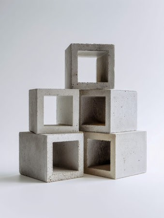 A precisely balanced pyramid of porous concrete blocks set against a subtle, textured backdrop,...