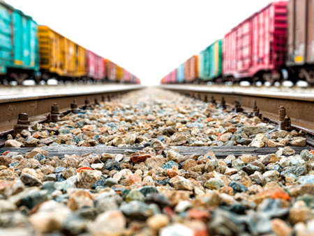 Vibrant cargo trains aligned along a railway, captured from a dramatic low perspective that highlights the textured stones beneath and the vivid hues overhead.の写真素材
