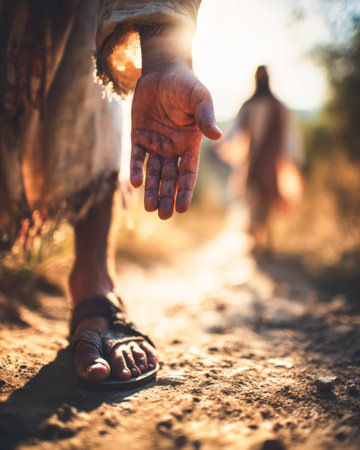 A man's extended hand amid a sunlit trail, with a distant figure fading into the warm glow of dusk,...