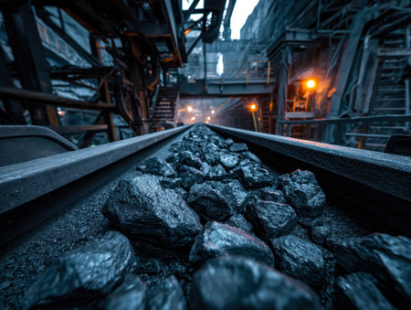 Aged steel rails converge over dark coal heaps, their surfaces bathed in fading twilight, capturing a raw industrial atmosphere at day's end.の写真素材
