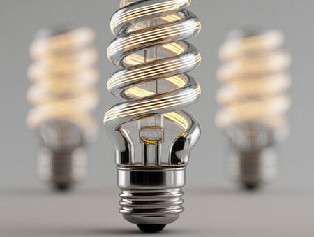 Trio of sleek spiral tubes emit a cozy amber glow, their metallic bases mirroring soft ambient light...