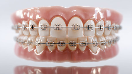 A detailed view highlighting a dental replica adorned with comprehensive metal braces, illustrating...