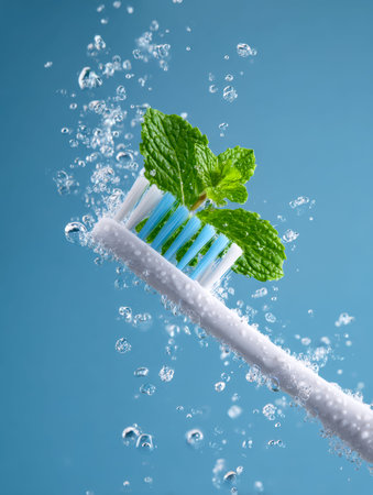 Vibrant green mint leaves rest on a toothbrush immersed in water, creating lively splashes that evoke freshness and invigorating oral care.の写真素材