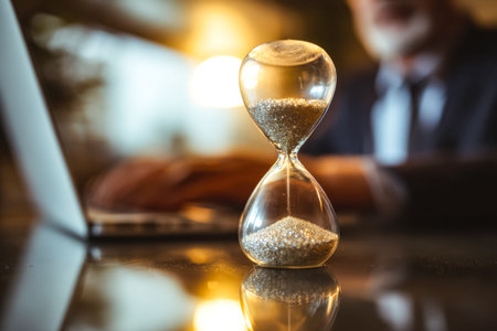 A sleek hourglass resting on a shiny surface symbolizes the passage of time, while a focused...