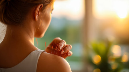 A serene woman relaxes as sunset hues cast a warm glow, with delicate needles gently embedded in her...