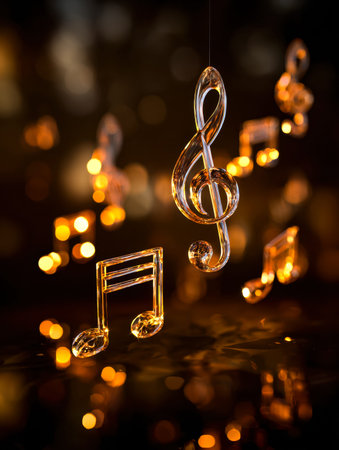 A shimmering glass sculpture of a treble clef, surrounded by floating musical notes, softly glowing...