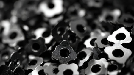 A detailed view showcases an assortment of monochrome floral-shaped beads, highlighting their glossy...