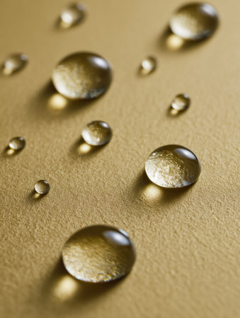 Sparkling droplets of clear liquid shimmer with reflected light, gently resting on a polished...