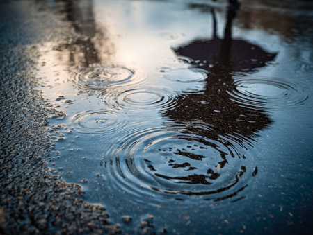 Tiny droplets shimmer on glistening pavement, distorting nearby reflections and evoking a tranquil,...