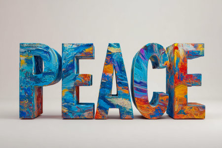 Playful, textured letters form the word peace amid a bold, watercolor-inspired backdrop of blue,...