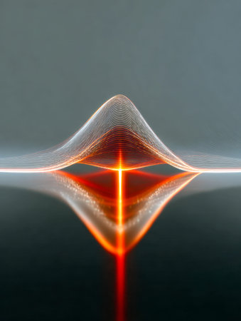 Vibrant orange glow radiates from a fluid, wave-like structure, mirroring itself symmetrically on a...