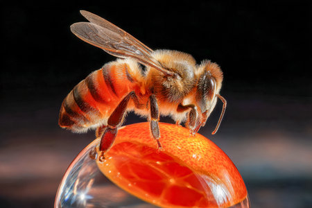 A mesmerizing close-up captures a tiny bee delicately resting on the bright, shimmering surface of a citrus segment, set against a richly colored, softly blurred backdropの写真素材