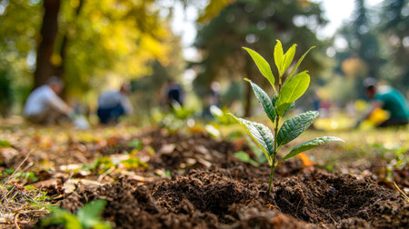 A vibrant scene of community members nurturing a lush seedling in sunlit greenery, symbolizing...