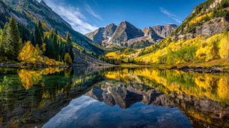 A peaceful mountain pond mirrors fiery fall foliage and towering peaks beneath a crisp blue sky, capturing the calm essence of untouched wilderness.の写真素材