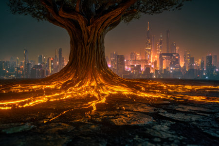An luminous tree shimmering against a vibrant night cityscape, where skyscrapers glow brightly, creating a captivating contrast between nature's glow and urban brilliance.の写真素材