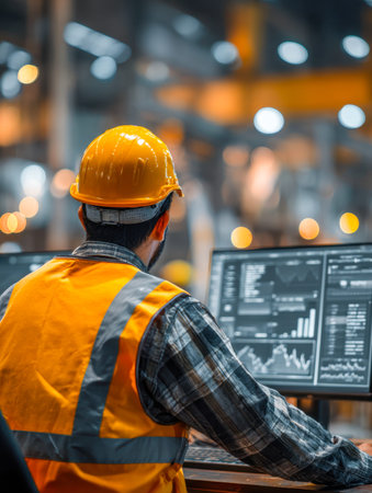 A focused professional in vibrant safety gear reviews complex data visualizations on a digital...