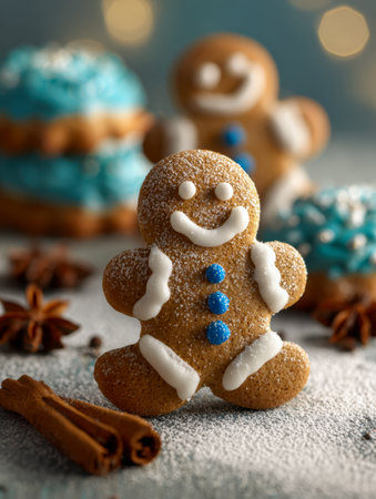 Joyful gingerbread figure adorned with delicate white frosting and bright blue sweets, nestled among fragrant cinnamon and star anise on a cheerful holiday setting.の写真素材