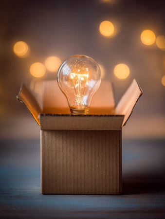 A luminous filament flickers within a simple cardboard container, set against a backdrop of gentle,...