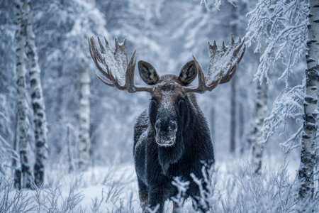A regal moose rests quietly amid a tranquil winter landscape, its antlers coated in frost while snow blankets the forest, evoking calmness and natural serenity.の写真素材