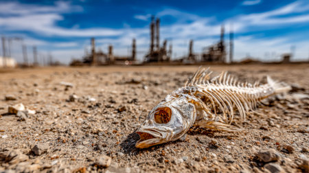 A stark, dried carcass rests on cracked earth with industrial smokestacks looming behind, under a...