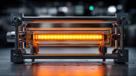 A sleek, innovative sterilizer with vibrant ultraviolet and orange glow accents, designed for...