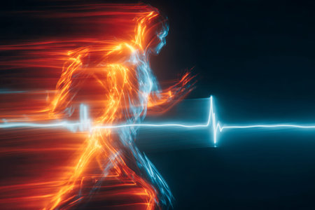 A vibrant, luminous outline of a sprinter mid-stride against a dark backdrop, intertwined with a...