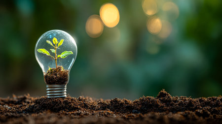 A glowing light bulb encases a lush sprout, embodying eco-friendly innovation, vitality, and the...