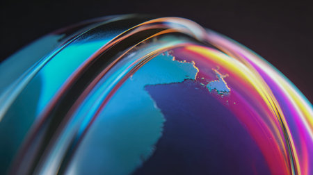 Dynamic multicolored arcs ripple across a deep, textured blue and violet circular backdrop, evoking a sleek, contemporary artistic vibes with fluid gradients and elegantの写真素材