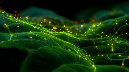 A vibrant, abstract scene unfolds as radiant green currents flow through a cosmic expanse, peppered...