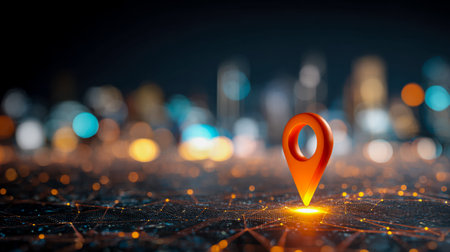 A luminous digital pin illuminates a sleek urban horizon, showing cutting-edge architecture and...