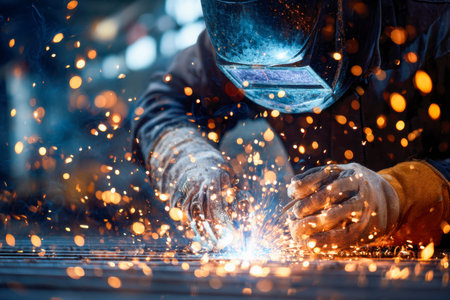 A skilled artisan clad in safety apparel forges metal amid cascading sparks, illuminating a shadowy...