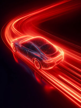 A high-speed digital race through a neon-lit cityscape, where sleek vehicles leave vivid crimson...