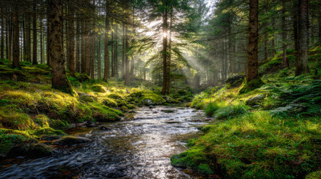 Morning light filters softly through towering pine trees, illuminating a lush, mossy riverbank and...
