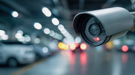 A sleek security device emits a soft glow as it oversees a bustling multi-tiered parking structure,...